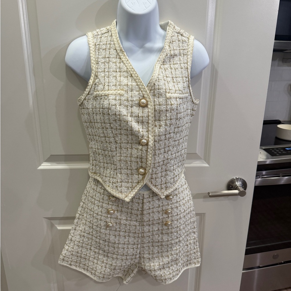 Cream Tweed Vest and Shorts Set